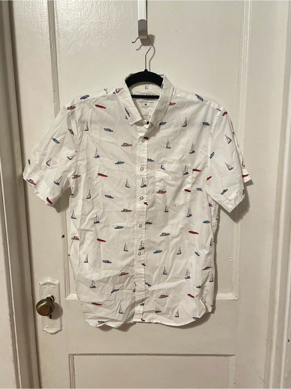 Men's White Short-Sleeve Button-Up Shirt with Nautical Print